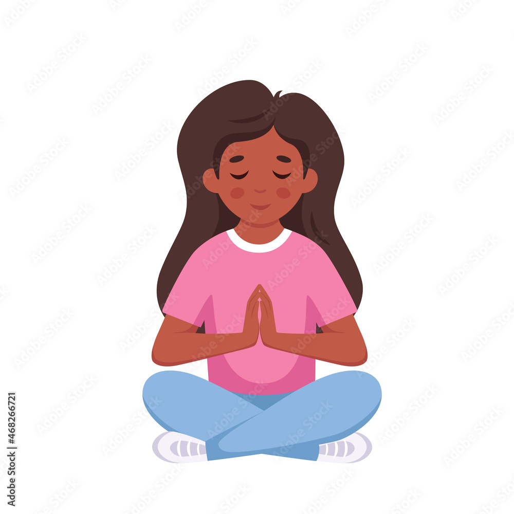 Little girl meditating in lotus pose. Yoga and meditation for kids. Vector illustration