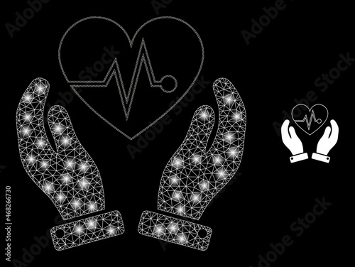 Glossy polygonal mesh web heart surgery care hands icon with glitter effect on a black background. Carcass heart surgery care hands iconic vector with glitter points in magic colors.