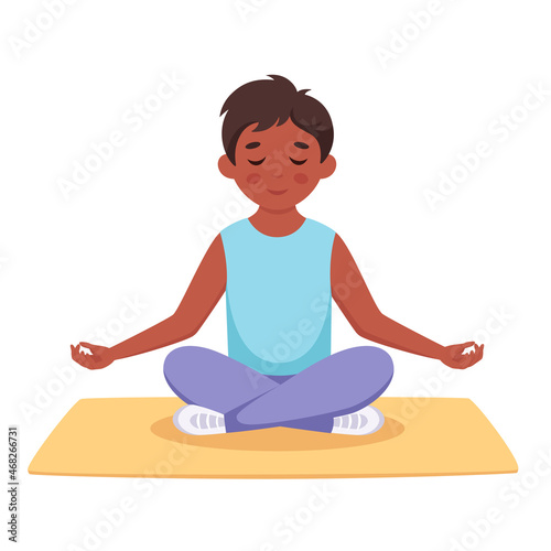 Boy meditating in lotus pose. Gymnastic, yoga and meditation for children. Vector illustration