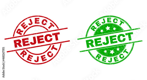 Round REJECT seal stamps. Flat vector scratched stamps with REJECT title inside circle and lines, in red and green colors. Rubber imitations with scratched style.