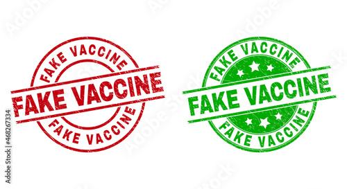 Round FAKE VACCINE watermarks. Flat vector scratched seal stamps with FAKE VACCINE caption inside circle and lines, using red and green colors. Watermarks with grunge style.
