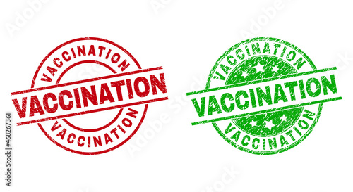 Round VACCINATION seal stamps. Flat vector scratched seal stamps with VACCINATION title inside circle and lines, using red and green colors. Watermarks with grunge texture.