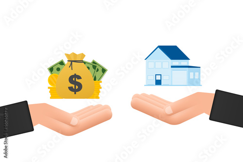 Hand holds house and key on finger and giving. Real estate agent at work, investment, mortgage, house loan, account.