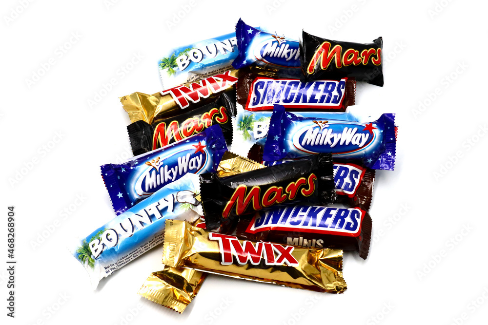 Mars, Bounty, Snickers, Milky Way and Twix chocolate bars, brands of Mars  Incorporated Stock Photo | Adobe Stock