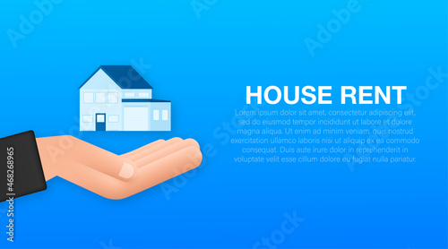 Hand holds house and key on finger and giving. Real estate agent at work  investment  mortgage  house loan  account.