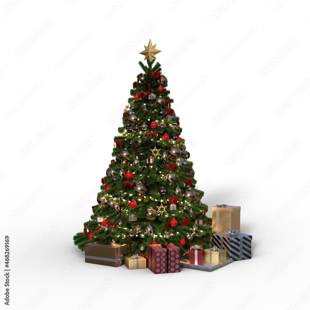 3D rendering of a Christmas tree decorated with baubels and tinsel with lights, a star on top and presents on the floor isolated on a white background. 3D rendering of a Christmas tree decorated with baubels and tinsel with lights, a star on top and presents on the floor isolated on a white background.