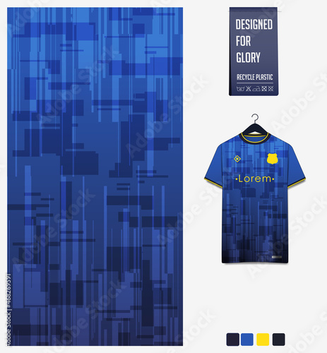 Soccer jersey pattern design. Geometric pattern on blue background for soccer kit, football kit or sports uniform. T-shirt mockup template. Fabric pattern. Abstract background. 