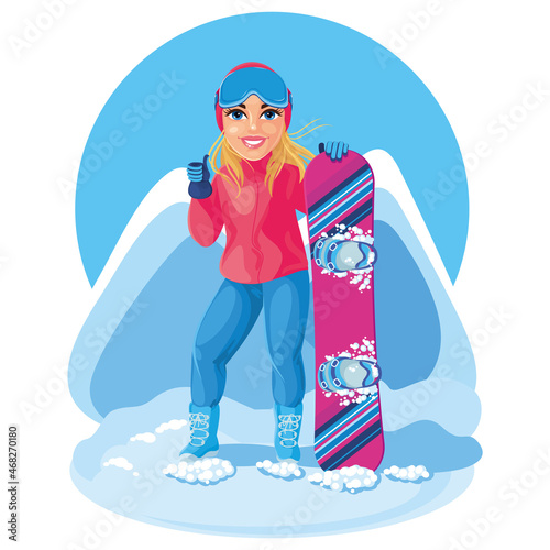 Girl snowboarder in a ski siut, hat, ski glasses, gloves and boots stands and keeps a snowboard on the mountain background. Cartoon character, simbol, emblem, sticker. Winter extreme sports