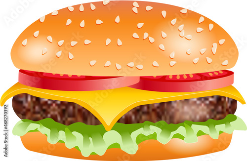 Hamburger with cheese and tomato, vector illustration