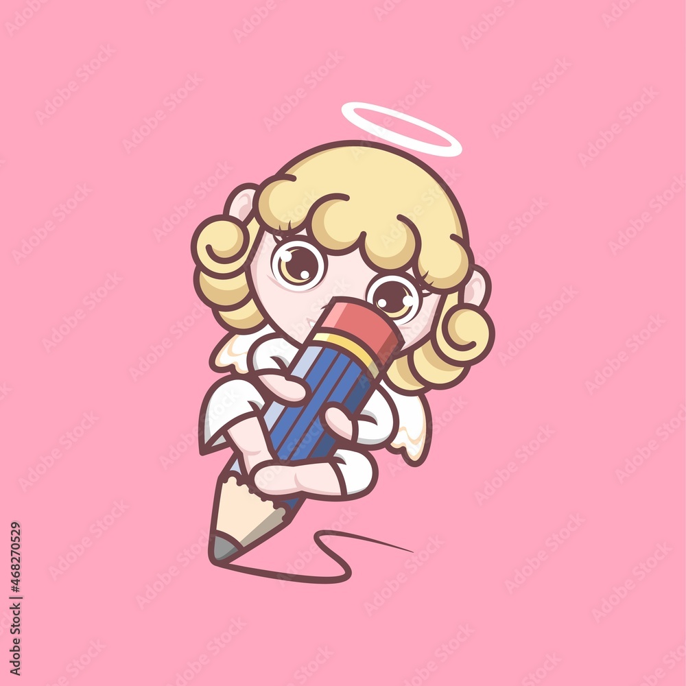 cute cartoon angel writing with big pencil. vector illustration for mascot logo or sticker cute cartoon angel writing with big pencil. vector illustration for mascot logo or sticker