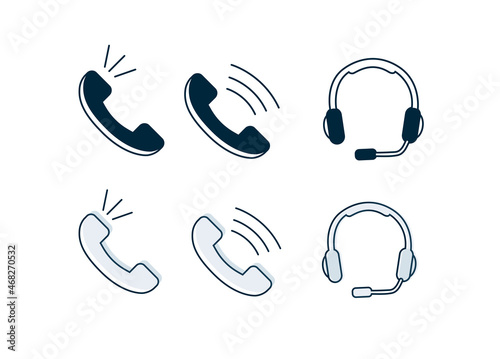 icônes ou pictogramme représentant un téléphone et un micro casque et illustrant la communication en entreprise et au bureau