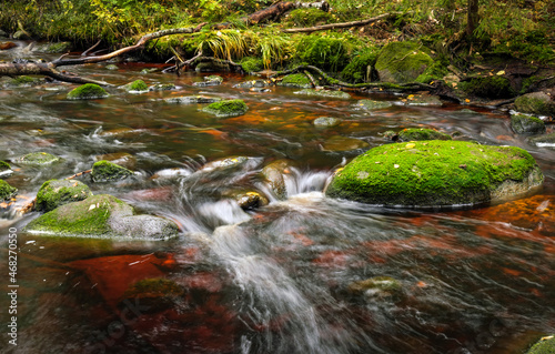 Forest river creek water flow. Beautiful autumn landscape with stones and flowing water at cloudy weather