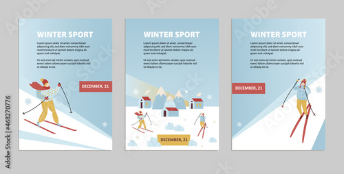 Winter Sport Skiing Poster set. Skier in motion and Winter-time hiking. Sports template of flyer, magazines, banners. Active lifestyle invitation concept.  Flat vector cartoon illustration.