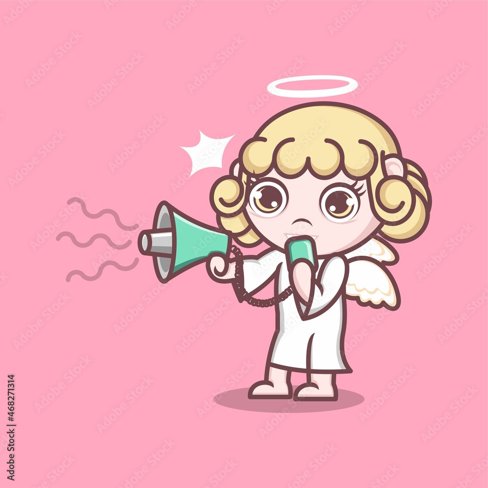 cute cartoon angel protesting using loudspeaker. vector illustration for  mascot logo or sticker Stock Vector