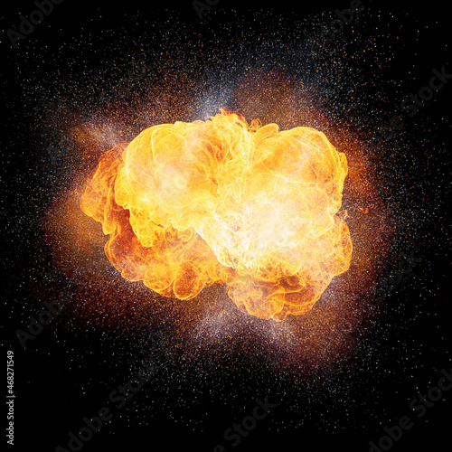 Realistic fiery explosion with sparks and smoke isolated on black background