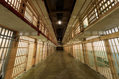 Broadway, the main corridor of the cellhouse dividing B and C Blocks of Alcatraz Prison at Alcatraz Island.