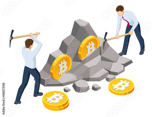 Isometric miner is digging on golden bitcoin. Devices and technology for mining cryptocurrency. Machines for mining cryptocurrency.