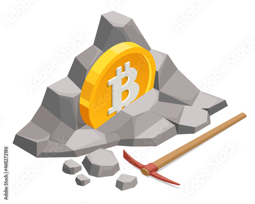 Isometric miner is digging on golden bitcoin. Devices and technology for mining cryptocurrency. Machines for mining cryptocurrency.