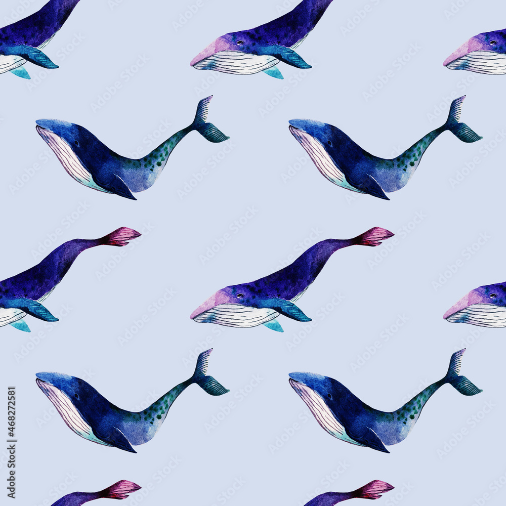 Seamless pattern with watercolor whales on a light background. The ...