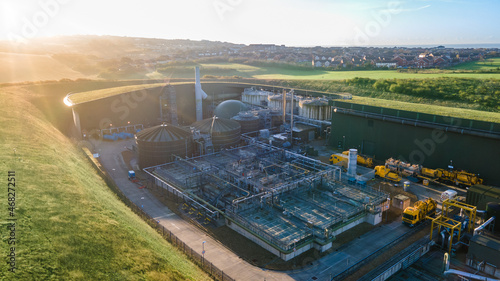 Aerial view ofwater treatment plant, refinery, close to Brighton, Peacehaven, East Sussex, UK