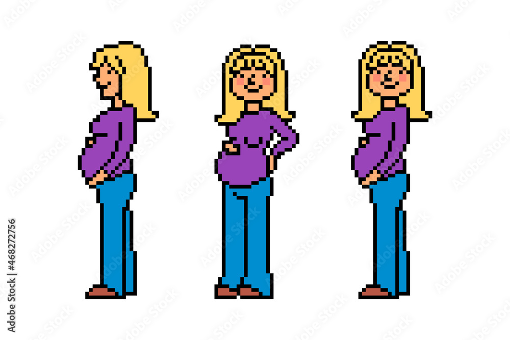 Φωτογραφία Pregnant woman touching her belly standing in 3 different poses, pixel art character sprites isolated on white background