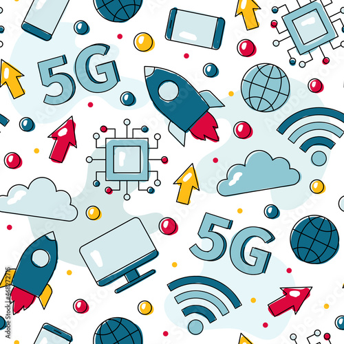5G and high-speed Wi-Fi internet vector seamless pattern with icons of computer, phone and chips in blue colors.