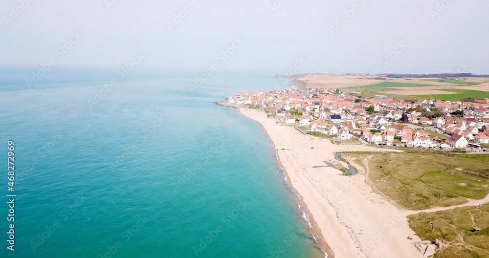 aerial view along the coastline and the beach plage d'audresselles to Audresseles, Opal Coast, Pas-de-Calais, Hauts-de-France, France