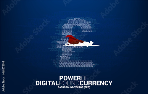 Silhouette of man in superhero suit flying with pound sterling currency money with one and zero binary code digit matrix style. Background Concept for electronic money and digital banking