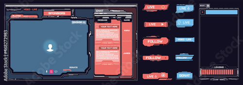 Live streaming service app screen vector adaptive design template. Digital frame technology UI,UX Futuristic Multimedia player HUD, FUI, Virtual Interface. Live streaming button. Live broadcast 