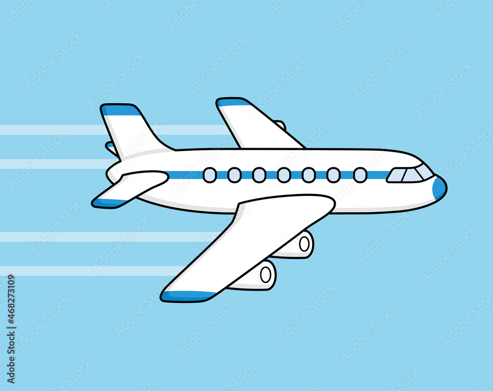 White jet passenger airplane airliner with contrail trace flying in blue sky cartoon vector illustration