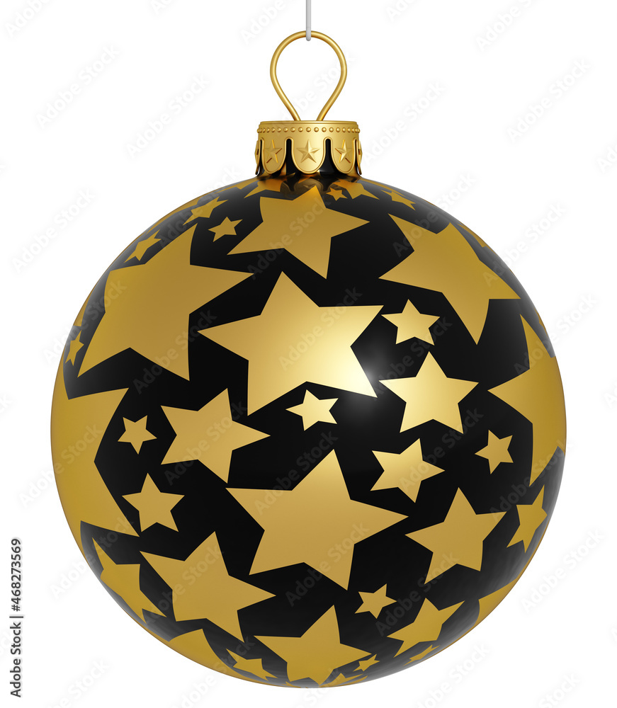 Black Christmas ball with gold stars. Luxury template for Christmas banner, cards or poster. Holiday decor. 3D render. Isolated on white. Merry Christmas!