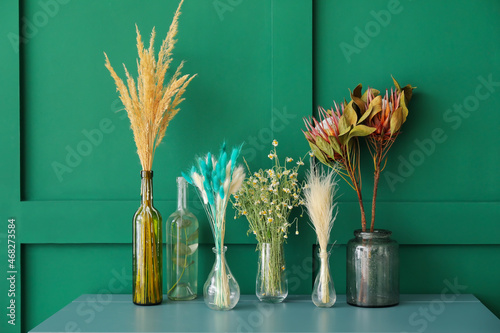 Vases with different dried flowers on table near color wall photo