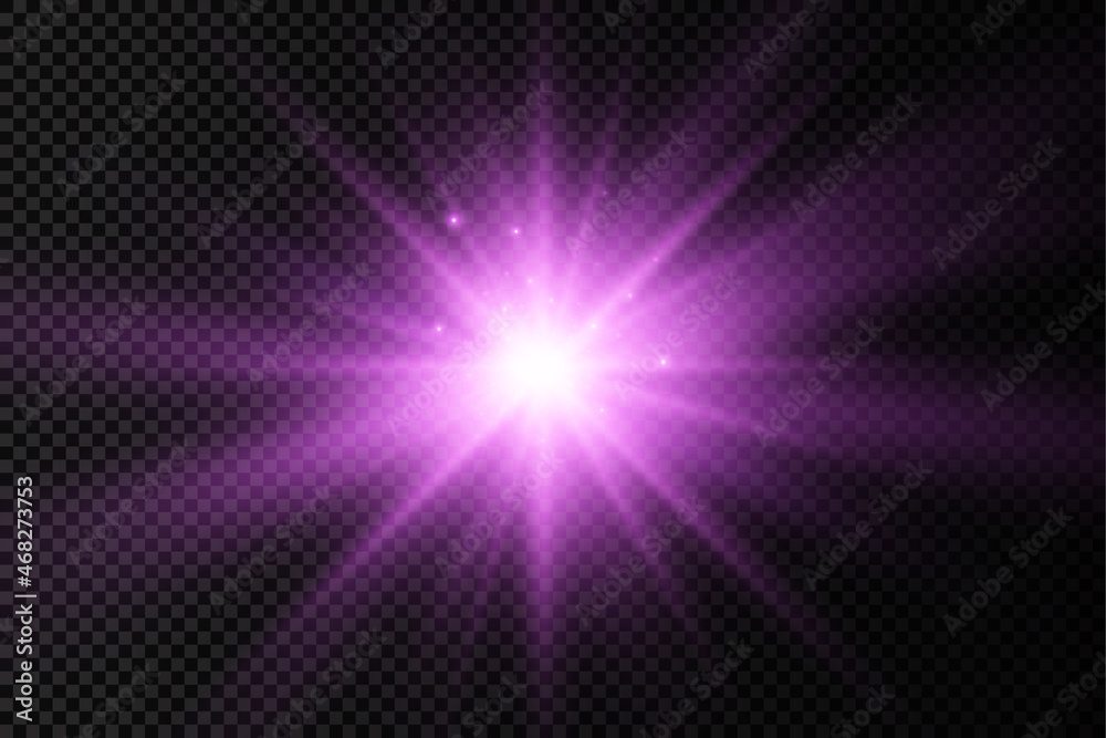 Obraz premium Purple glowing light star, violet burst sun rays.
