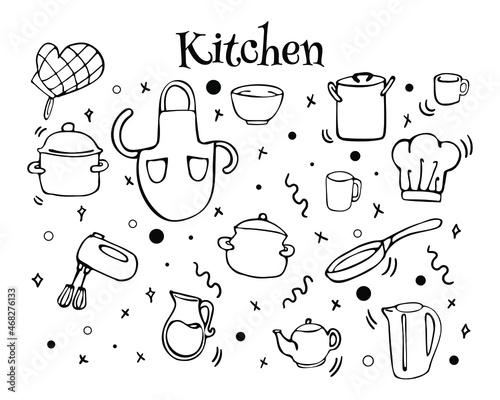 Set of kitchen tools in doodle style. Hand drawn collection of vector elements.