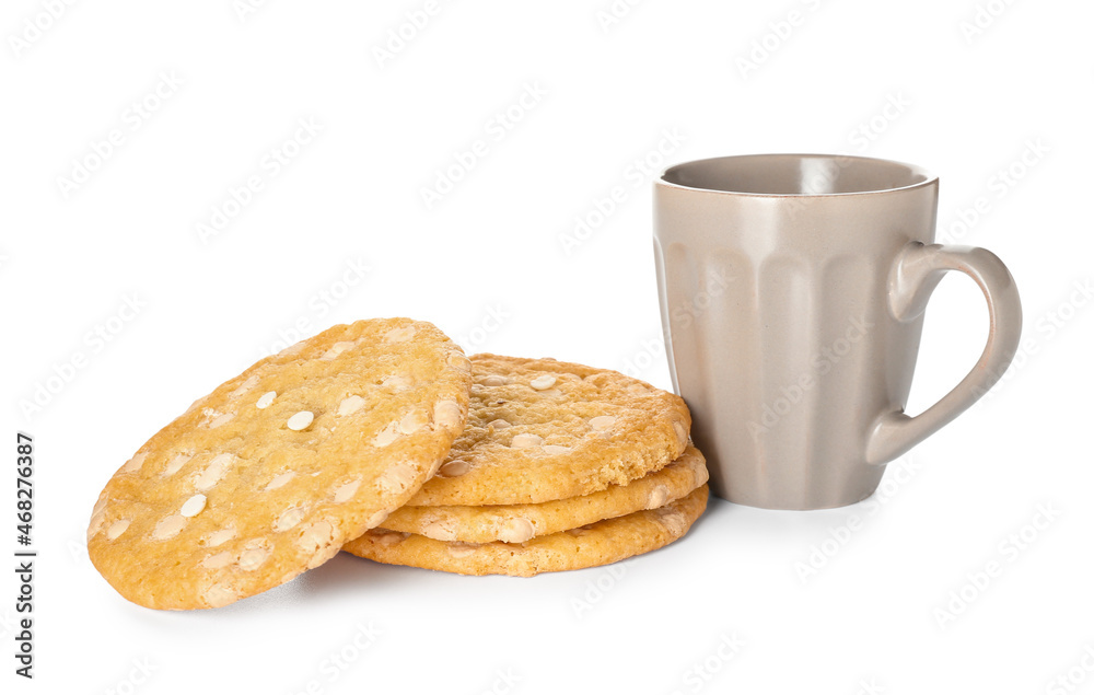 Delicious cookies with chocolate chips and cup of coffee on white background Delicious cookies with chocolate chips and cup of coffee on white background