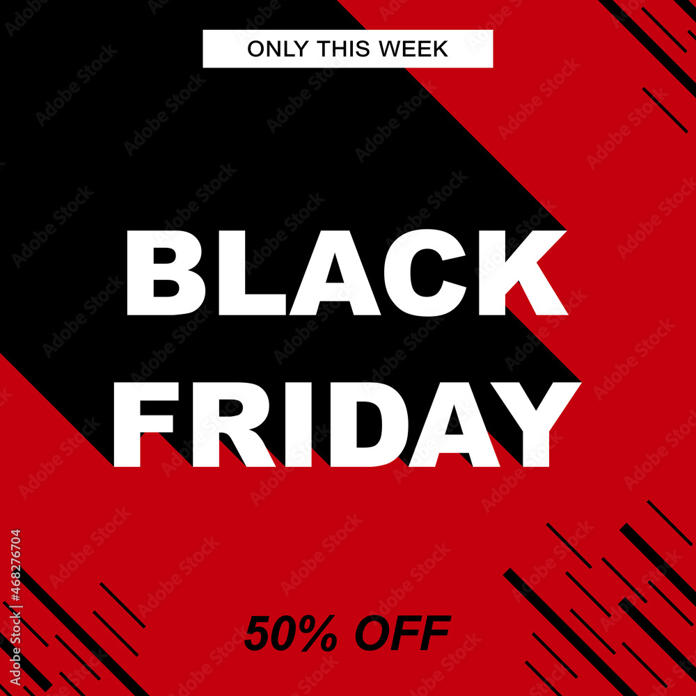 Black Friday sale vector banner. Red background with black stripes and text long shadow. Square promo template.