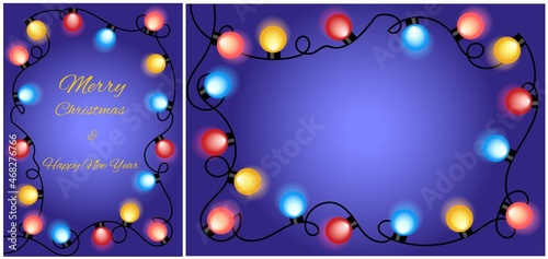 Luminescent Christmas bulbs, garland of New Year's glowing multi-colored bulbs on a purple festive background. Postcard with the inscription Merry Christmas. Can be used for congratulations, postcards