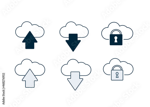 icône ou pictogramme représentant le transfert de données sur un serveur ou le téléchargement ainsi que la cyber sécurité et la sauvegarde