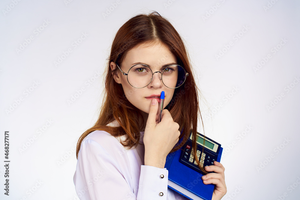 Business woman with calculator notepad working secretary Business woman with calculator notepad working secretary
