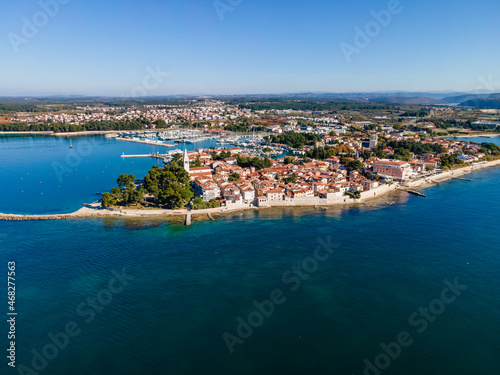 Aerial view of Novigrad town facing the Adriatic Sea in Istria, Croatia.