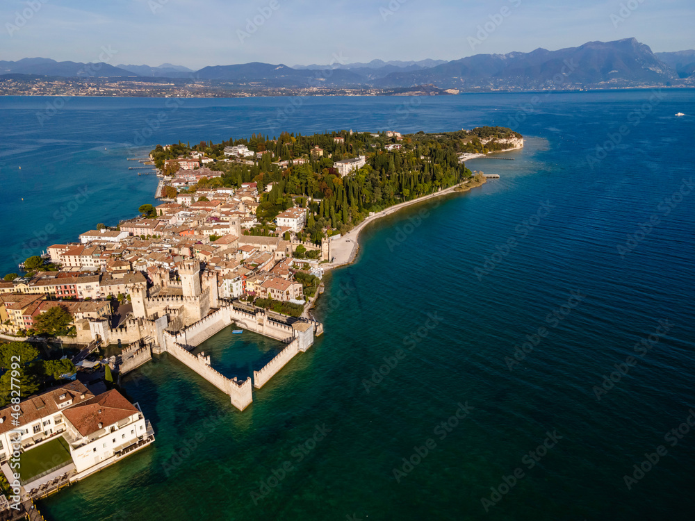 Aerial view of Castello Scaligero (Scaligero Castle), an ancient fortress along Sirmione coastal, Lombardy, italy.