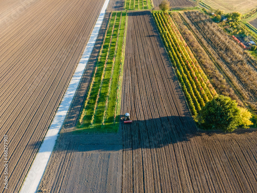Aerial view of a tractor working in an agricultural field at sunset near Aquileia, Udine, Friuli Venezia Giulia, Italy.
