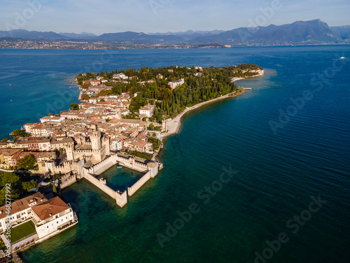 Aerial view of Castello Scaligero (Scaligero Castle), an ancient fortress along Sirmione coastal, Lombardy, italy.
