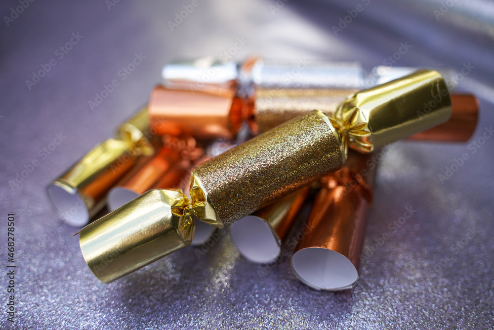 A group of sparkly Christmas crackers. A group of sparkly Christmas crackers.