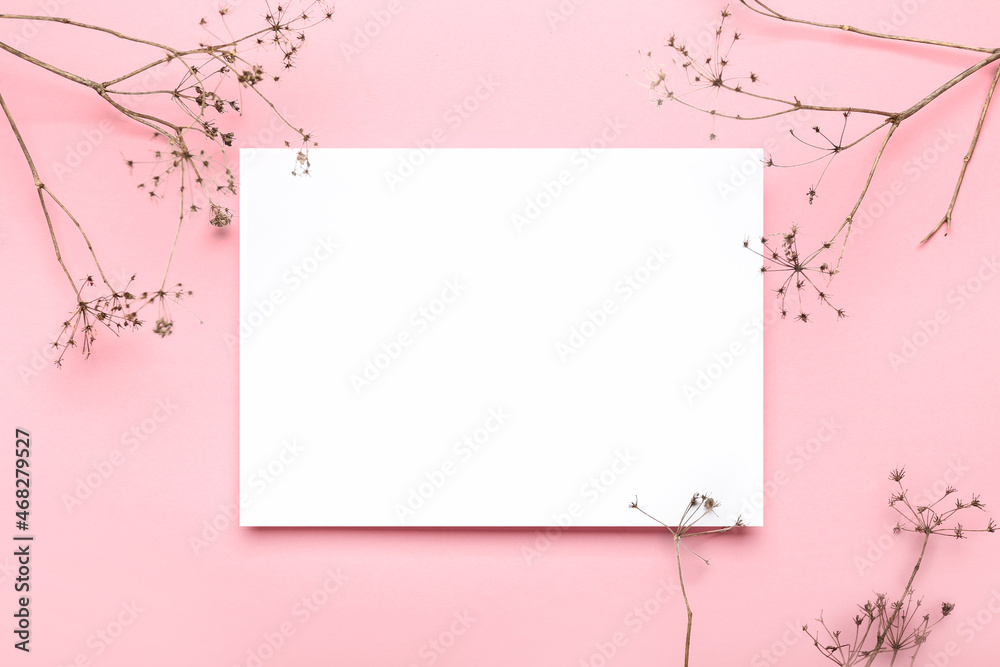 Blank card and dried plant branches on color background