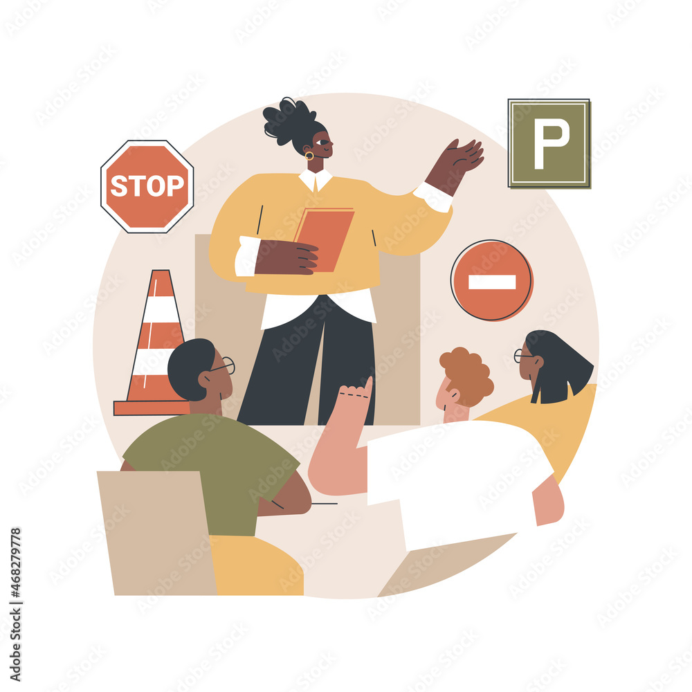 Driving lessons abstract concept vector illustration. Driving school, beginner class, refresher lesson, intensive course, exam preparation, advanced level, certified instructor abstract metaphor.