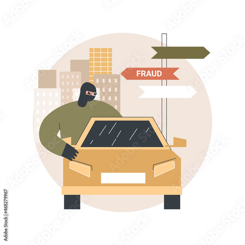 Road fraud abstract concept vector illustration. Road safety, fellow traveller, road crime, criminal fraud, pick up hitchhiker, threat and robbery, illegal transportation abstract metaphor.