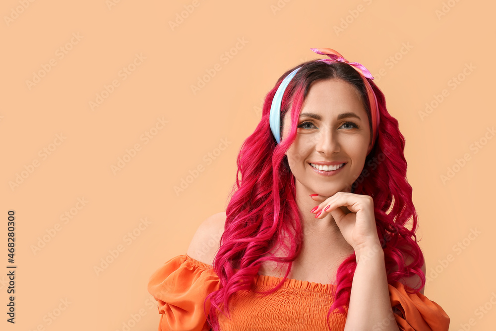 Beautiful woman with unusual bright hair on color background Beautiful woman with unusual bright hair on color background