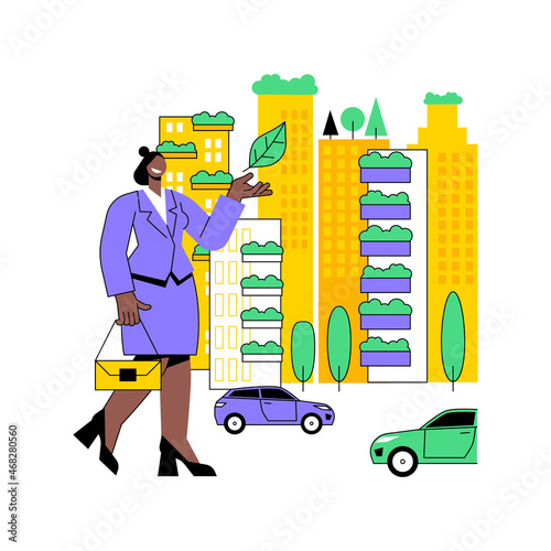 Vertical green city abstract concept vector illustration. Air pollution fighting building, space-saving eco solution, vertical forest, cost-effective construction innovation abstract metaphor.