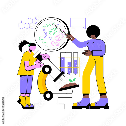 Science camp abstract concept vector illustration. Science summer camp, young scientists lessons, laboratory tests, thematic vacation for kids, outdoor study, making experiment abstract metaphor.